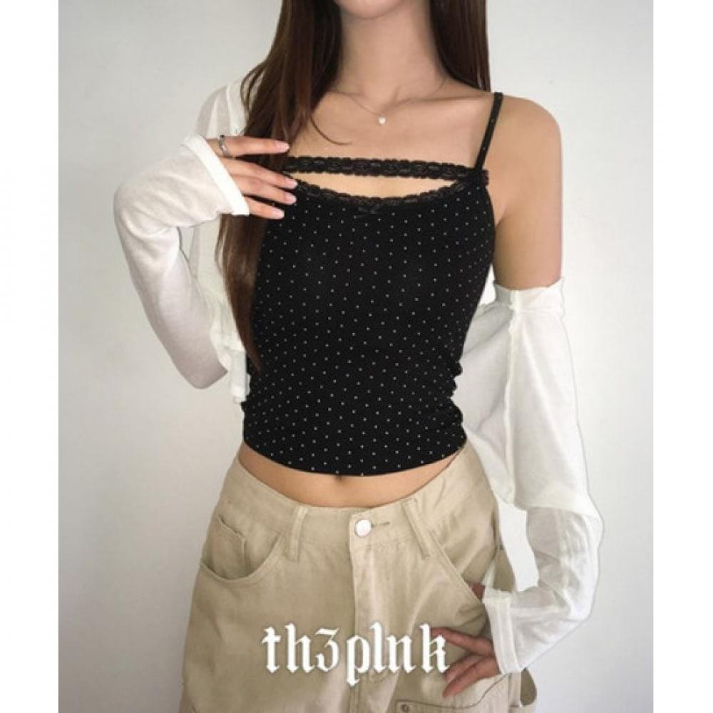 The Pink Women Dot Lace Trimming Ribbon Crop Top
