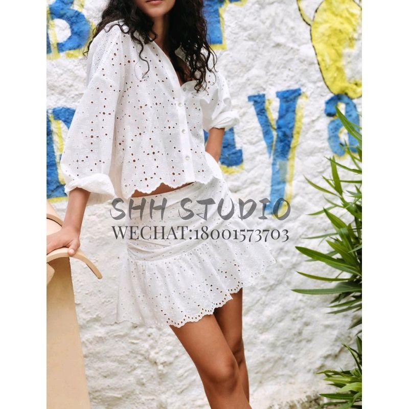 Spring New Long Sleeve Lapel Hollow Embroidery Shirts 3666088 High Waist Pleated Midi Dress 3564088