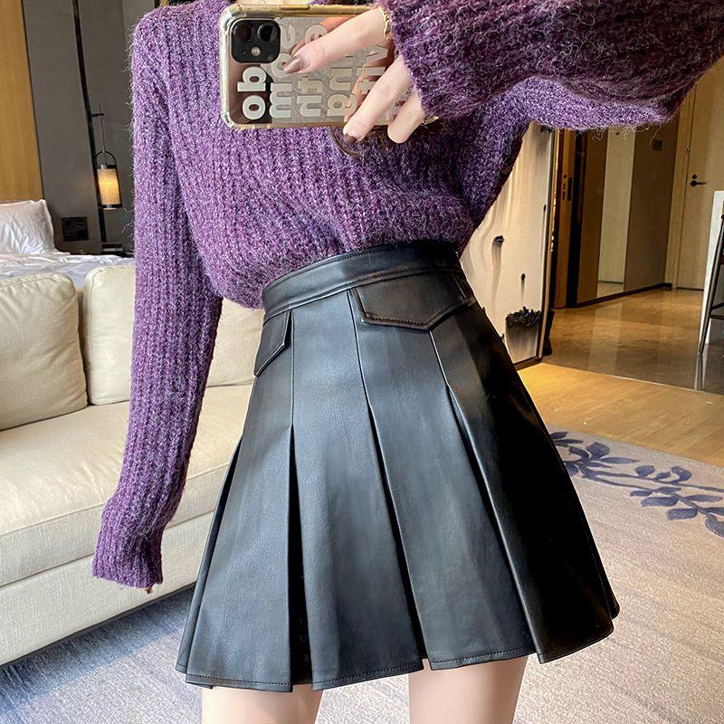 Fuste din piele plisate pentru femei de vară Moda coreeană Fusta scurtă în linie A pentru femeie Za Fusta PU cu talie înaltă Imbracaminte de stradă