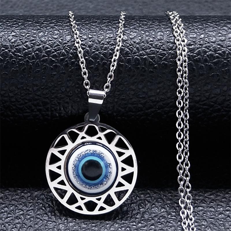 Fashion Turkish Blue Eye Pendant Necklace Stainless Steel Silver Color Blue Lucky Eyes Necklaces Gift Jewelry Collier N8023S01