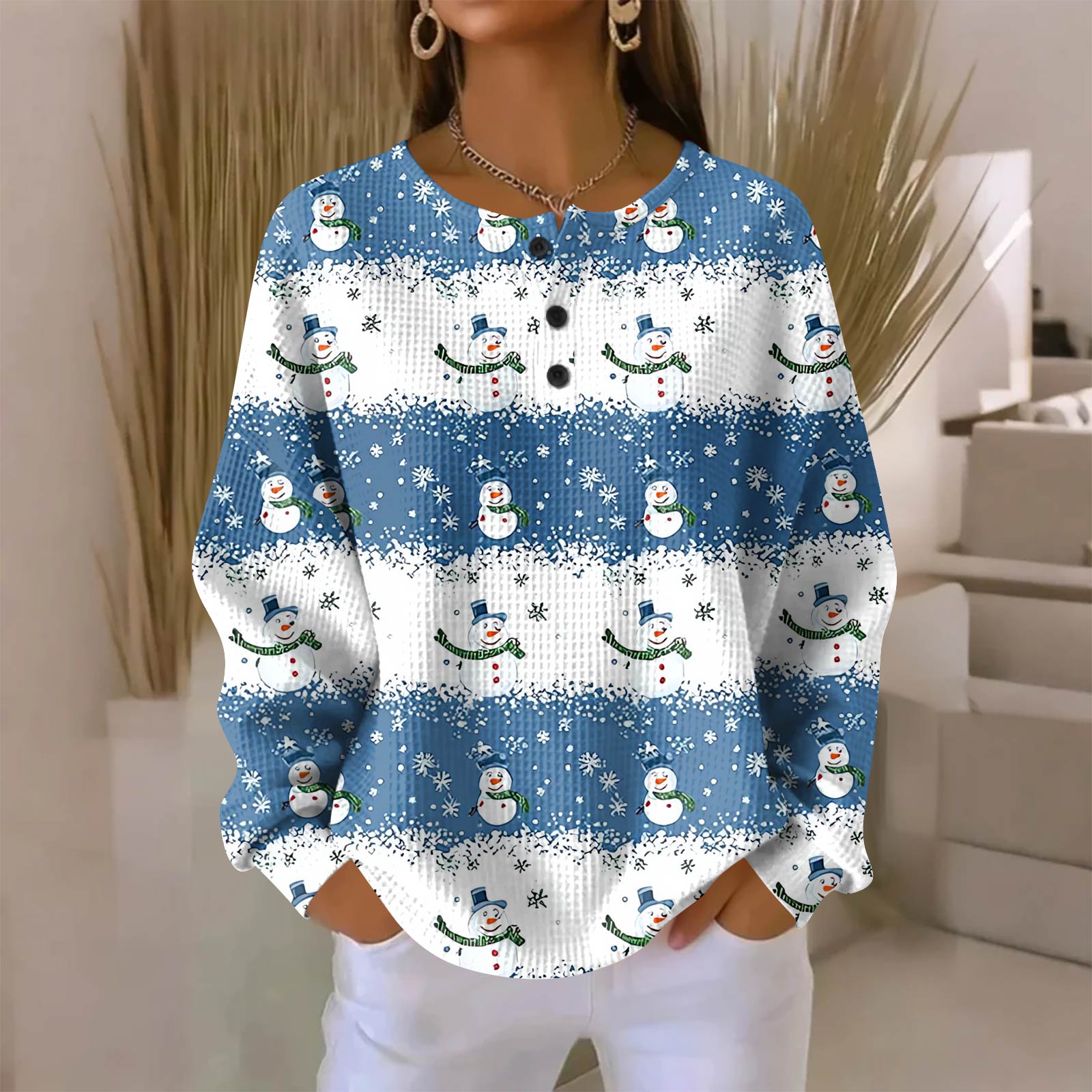 

Женская модная повседневная блузка с принтом на рождественскую тематику, V-образным вырезом, длинными рукавами и застежкой на пуговицы XL синий