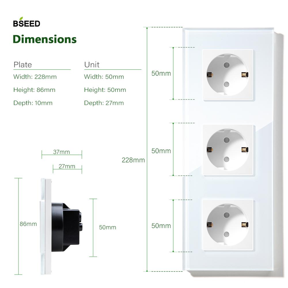 Bseed Triple EU Russia Standard Wall Power Socket Crystal Glass Panel White Grey Black Glod 110-240V Electrical Plug
