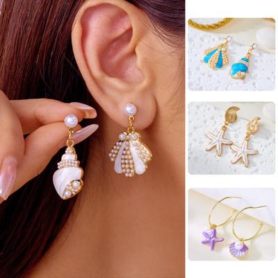 Sweet Temperament Colorful Oil-dripping Shell Starfish Pearl Dangle Earrings for Women Summer Beach Cute Jewelry Accessory Gift