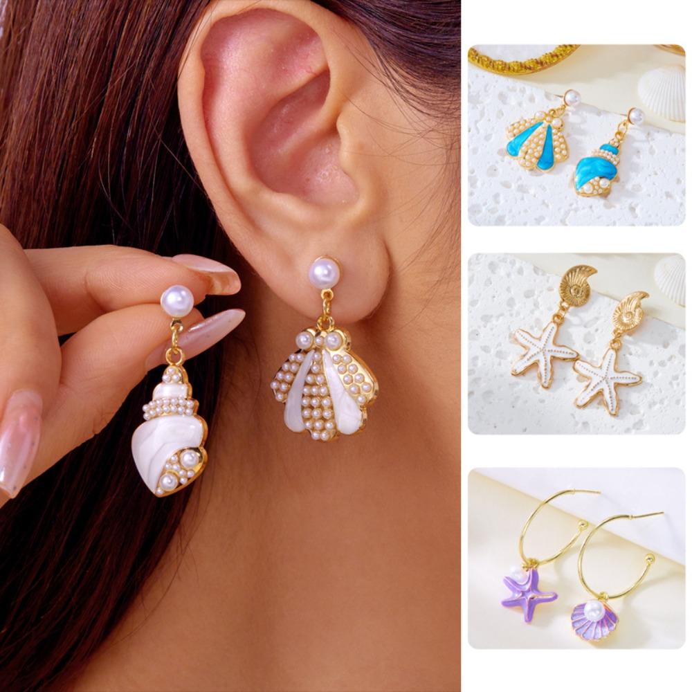 Sweet Temperament Colorful Oil-dripping Shell Starfish Pearl Dangle Earrings for Women Summer Beach Cute Jewelry Accessory Gift
