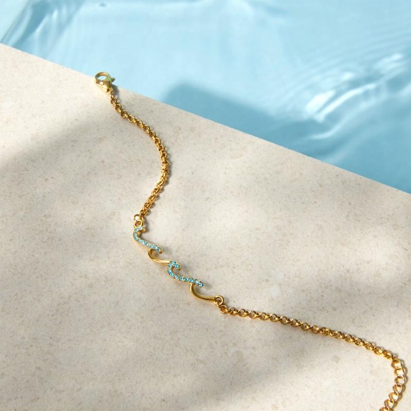 Stylish Ocean Themed Blue Wavy Bracelet Stainless Steel And Rhinestones For Women And Girls Adjustable Length