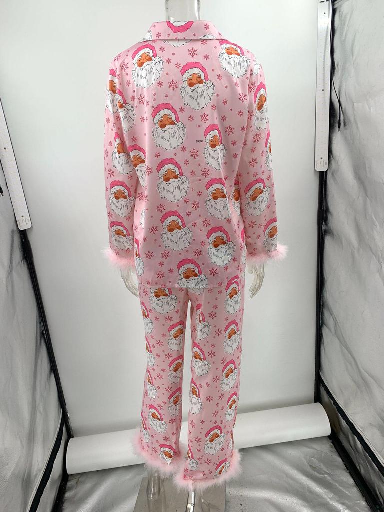 Świąteczny satynowy nadruk casualowy zestaw piżamowy dla Europy i Ameryki