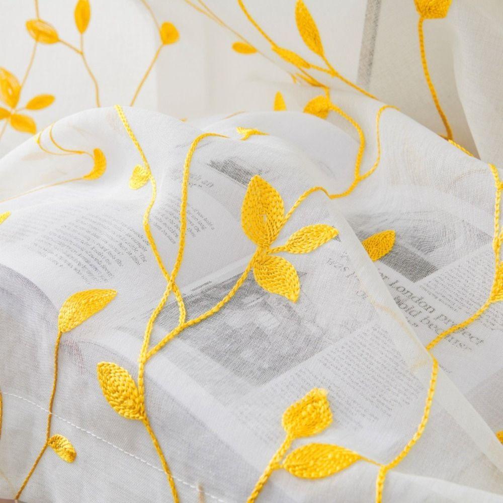 Pastoral Style Window Drapes Embroidery Tulle Curtain Leaf Pattern Sheer Curtain Home Decoration