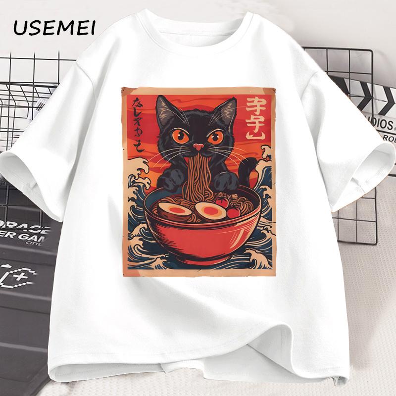 Cute Cat Ramen T-Shirt Vintage Perfect for Cat Lovers T Shirt Black Noodle Cat Tshirt Breathable Loose Clothes Street Tees