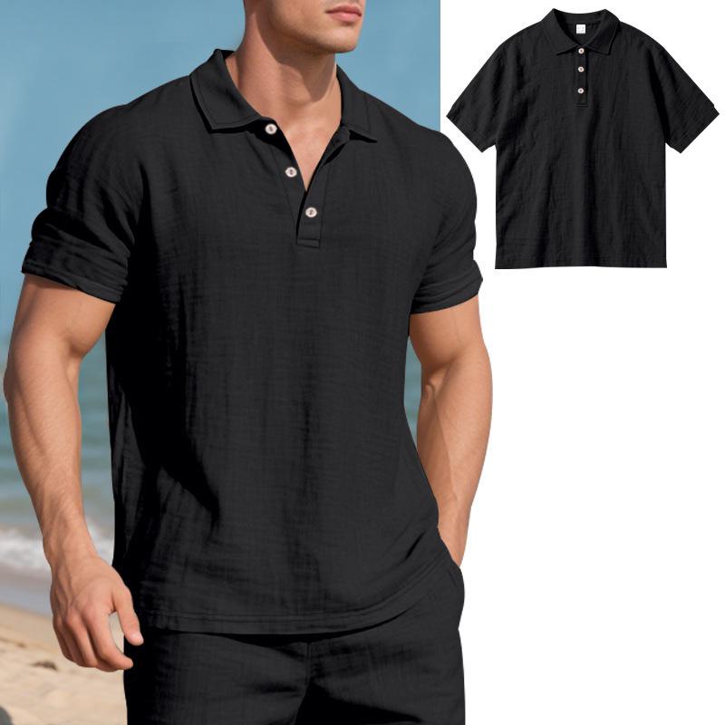 Men's Summer Lapel Button-Up Breathable Linen Polo Shirt & Casual Short Set