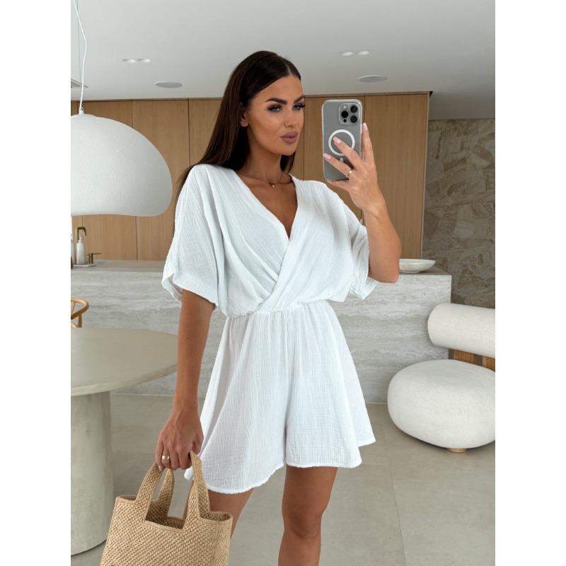 

Summer Fashion Cross V Neck Loose Women Jumpsuits Casual Solid Color Short Sleeve Elegant Simple Party Playsuits Office Streetwear Women s Clothing S чорний