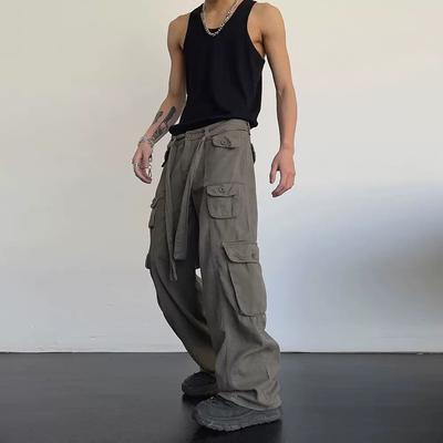 High Street Retro Cargo Pants Casual Large Pocket Overalls Men's High Waist Loose Straight Wide Leg Trousers