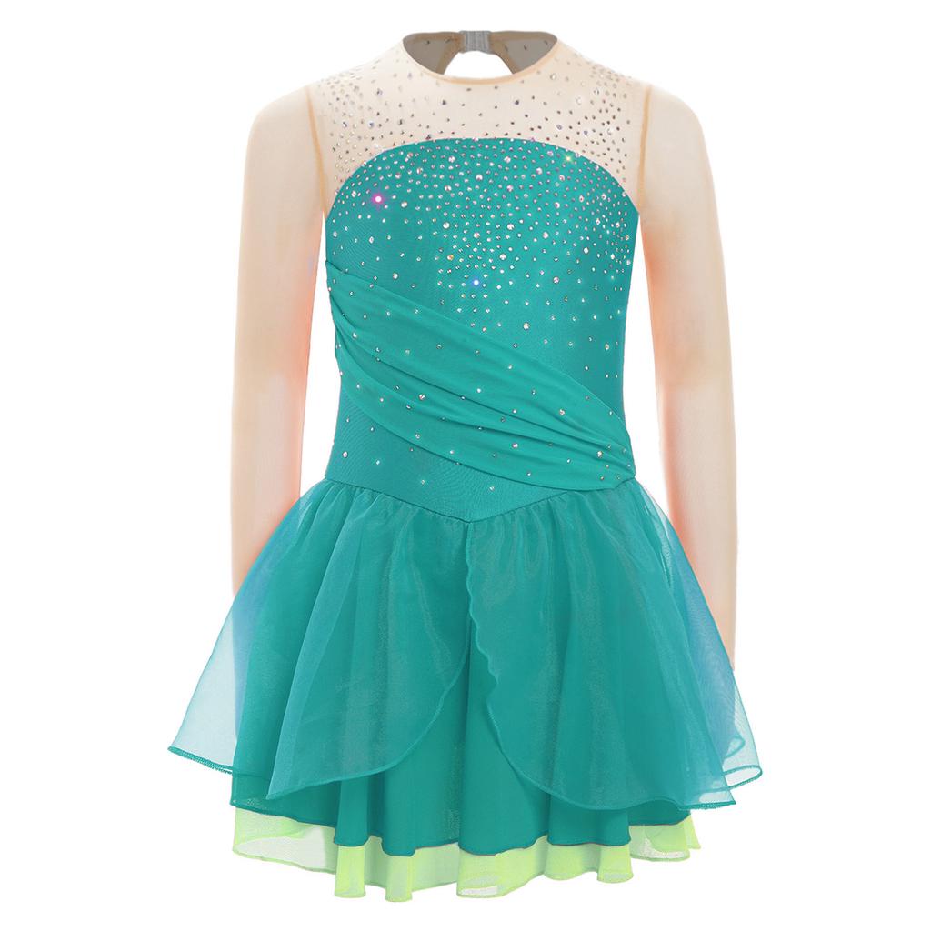 Dziewczęca brokatowa sukienka do łyżwiarstwa figurowego z cyrkoniami, z długim rękawem, z prześwitującą siateczką i wycięciem na plecach, kostium do występów lirycznych