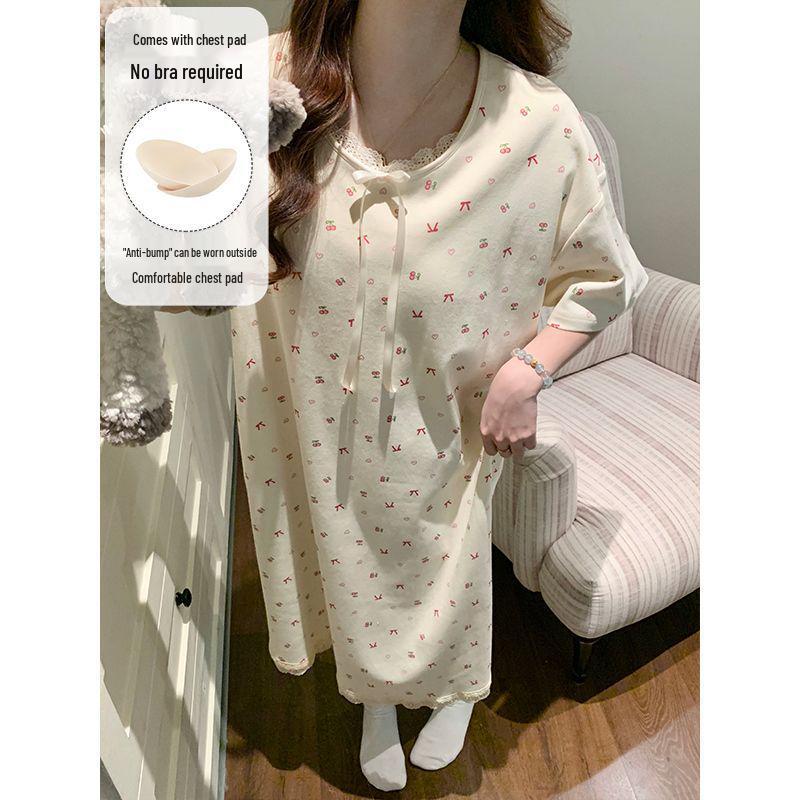 2026 Women's Grey Cartoon Summer Nightgown with Built-in Bra, Round Neck, Short Sleeve, Anti-Nipple, Thin Style for Outerwear and Home Wear.