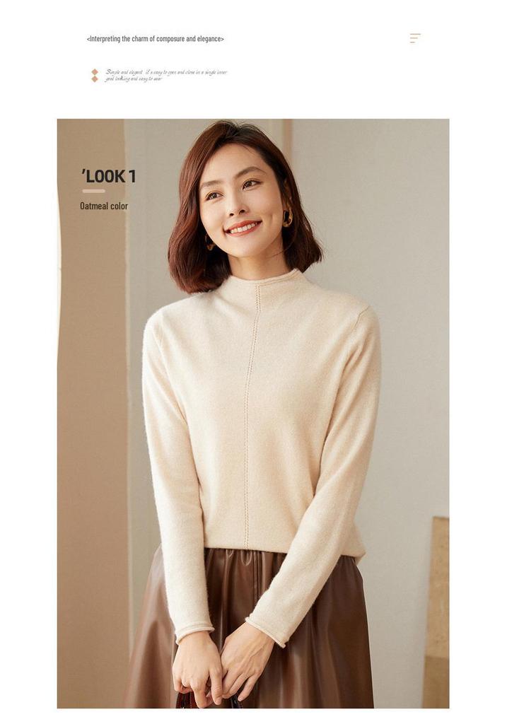 Women's High Neck Cashmere Wool Pullover – Solid Color, Half Sleeve, Inner Rolled Edge, Perfect Base Layer for Autumn/Winter.