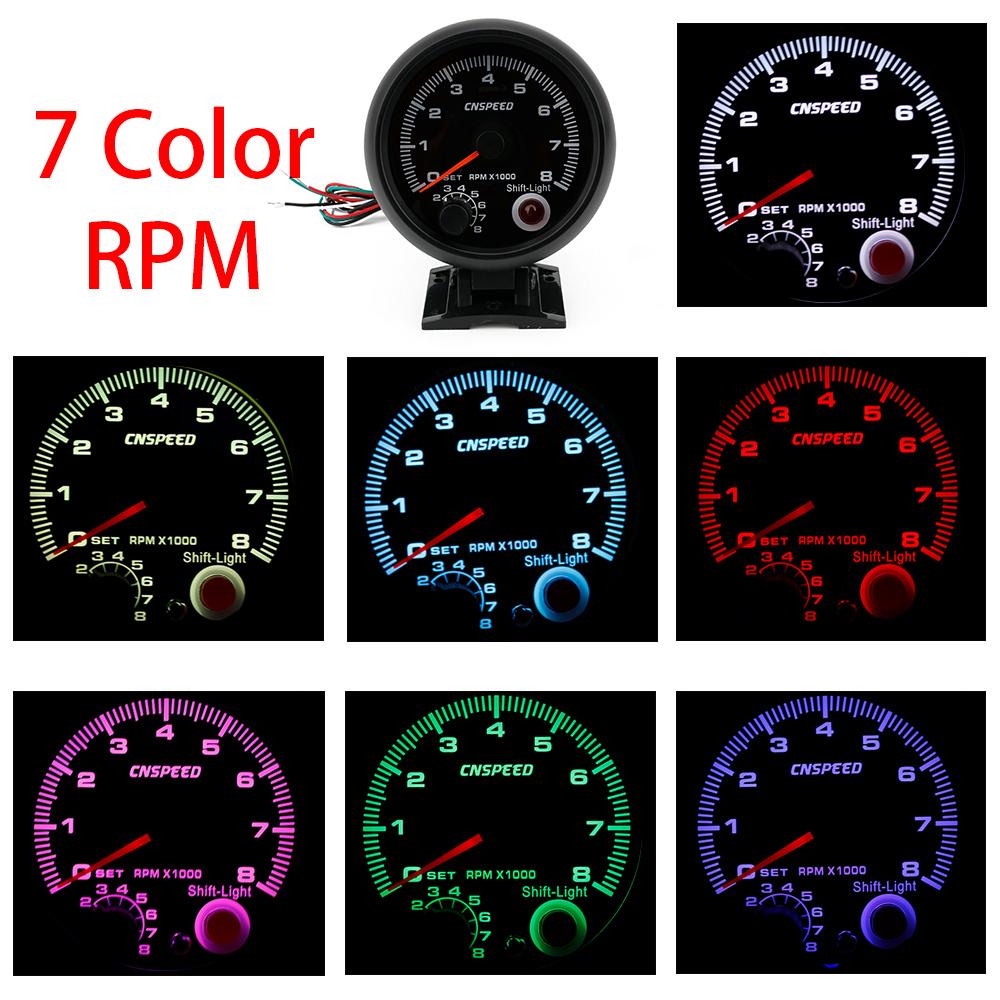 12V Tachometer Gauge 3.75'' Car Universal Black Tachometer Gauge 7color Inter Shift Light 0-8000 RPM Fit 4 6 8 Cylinder