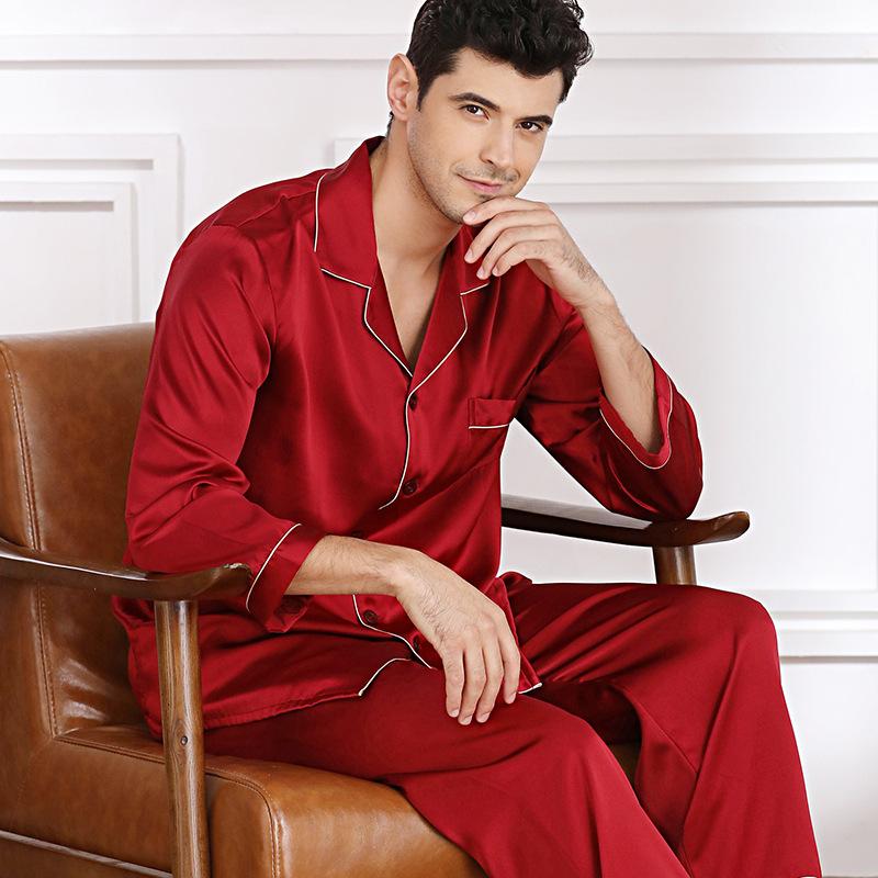 2Pcs/Set Summer New Man's Ice Silk Pajamas Soft Cardigan Lapel Shirt CasualWear Long-Sleeved Long Pants Solid-Color Homewear