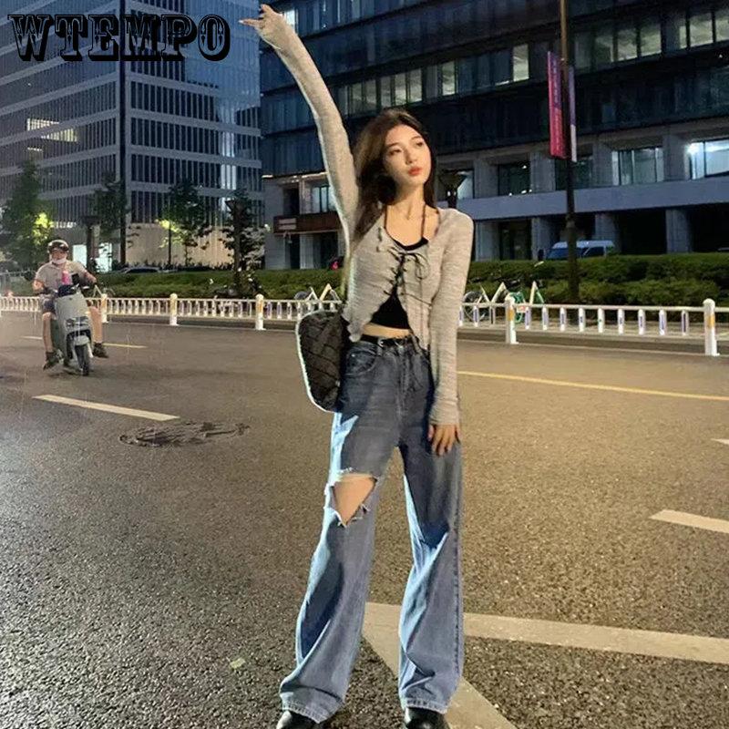 Costum coreean de vară Set 2 bucăți cu bretele casual Camis negru + mânecă lungă Topuri decupate solide Bluză casual șic subțire