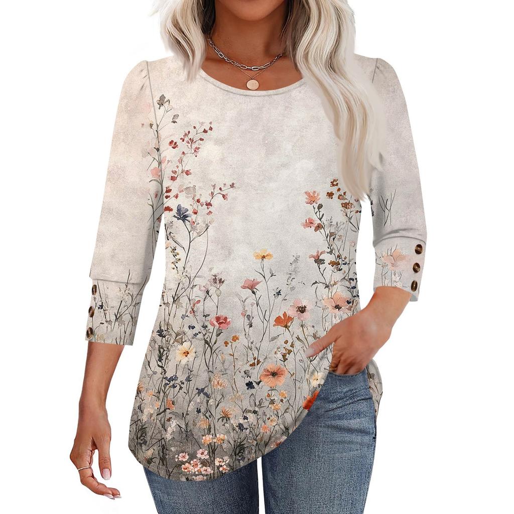 Women's Fashion Casual Floral Print Round Neck T-shirt Top With Seven Cuff Sleeves