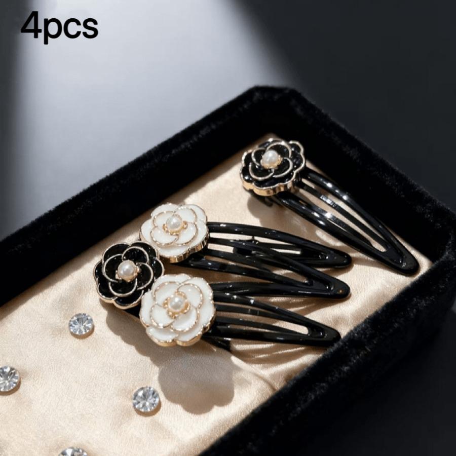 Set of 4 Women S Floral Hair Clips | Elegant Black And White Flower Hairpins | Fashion Additions for Everyday And Parties 4pcs Black + White