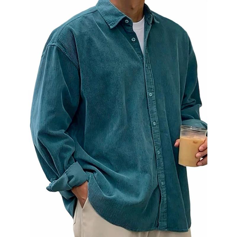 Men's Casual Loose-Fit Solid-Color Corduroy Collared Shirt