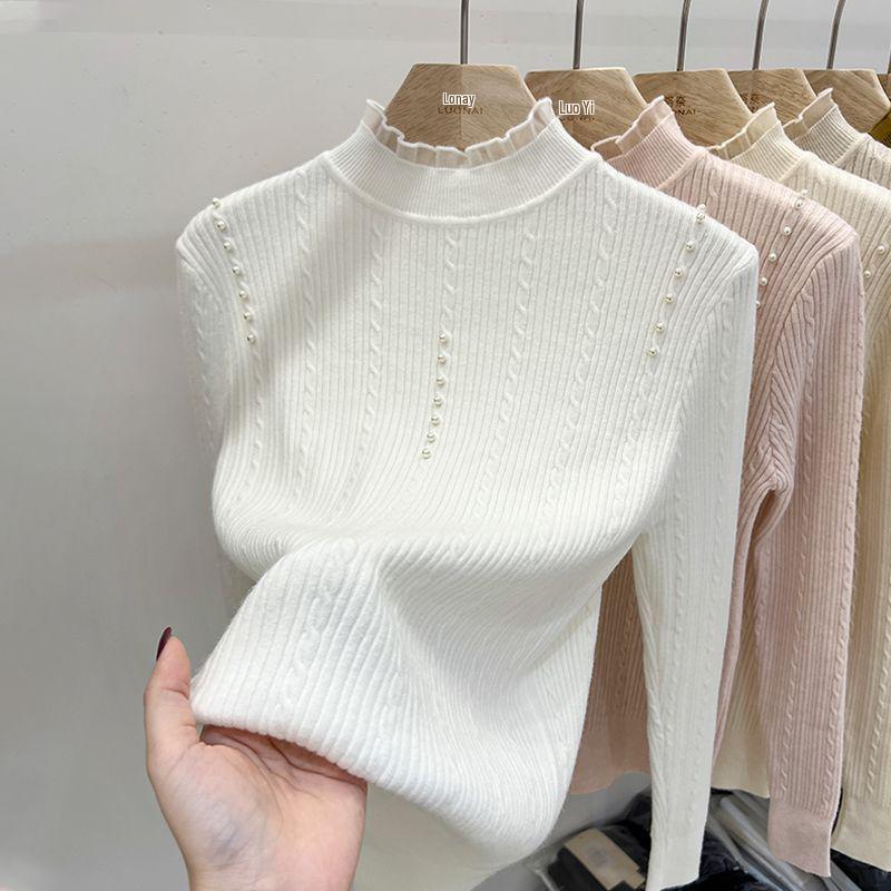 Lace Turtleneck Pearl Sweater: Long Sleeve Petite Knitwear for Autumn/Winter Women
