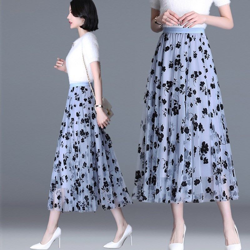 New Korean Women Tulle Skirt Fashion Summer Hook Floral Loose Midi Skirt Elegant Female Casual All Match Mesh Skirts