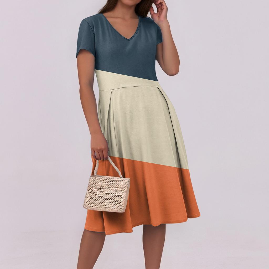 Vestido de Verano Casual para Mujer con Estampado, Cuello en V, Manga Corta y Bolsillos