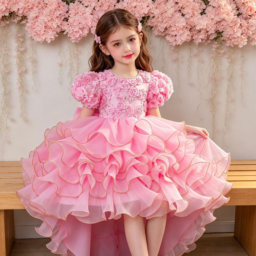 Rochie elegantă pentru copii cu mâneci bufante, broderii, o trenă și o fustă de prințesă pe straturi – perfectă pentru petreceri de ziua de naștere și ca rochie de domnișoară de onoare