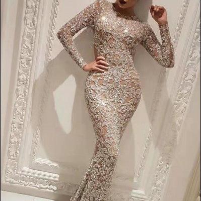 Women's Round Neck Long Sleeve Mermaid Dress Slim Fit Mid Rise Elegant Rhinestone Mesh Maxi Evening Gown