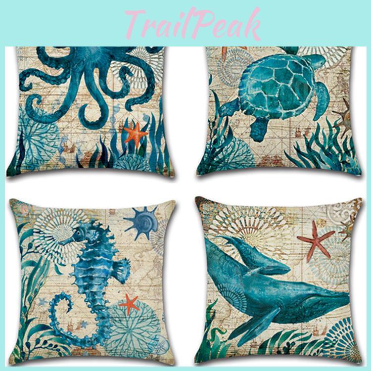 Vintage Sea Theme Throw Pillow Cover Thick Peach Skin Velvet Cushion Case Landscape Print 45*45cm