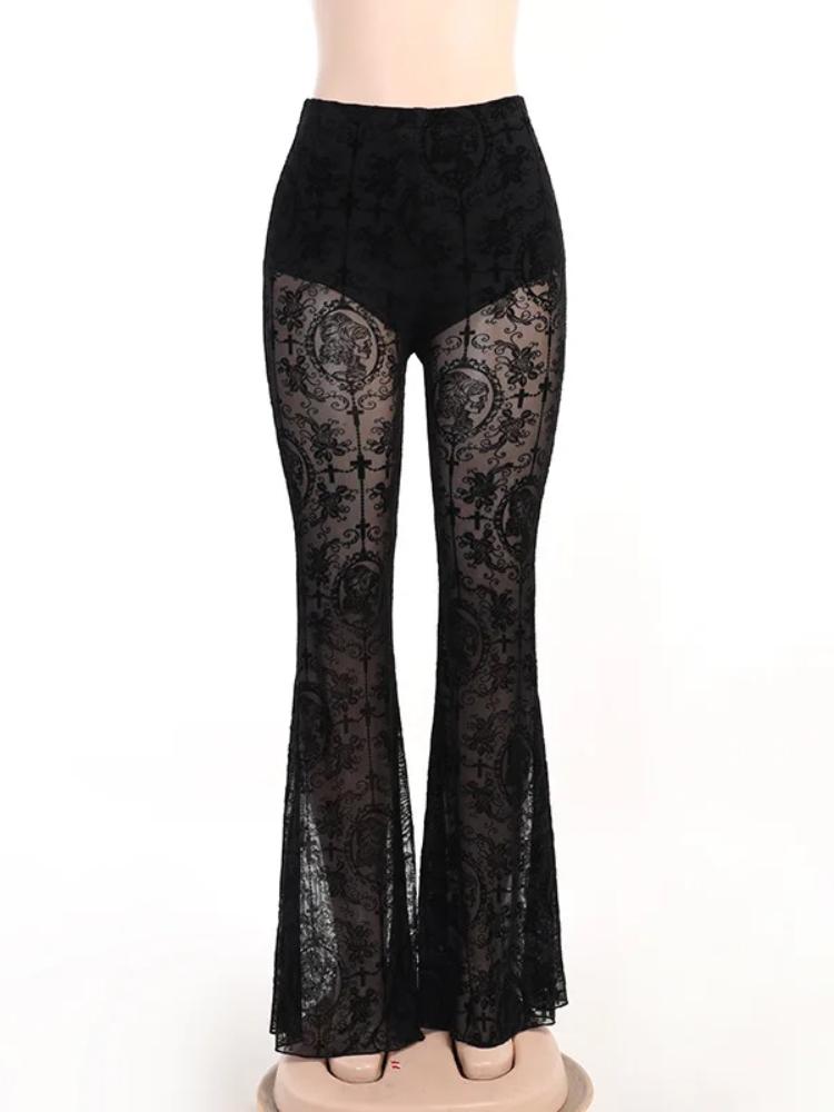 Summer Women's Pants Sexy Perspective Flared Pants Women's Streetwear Retro Lace Pants