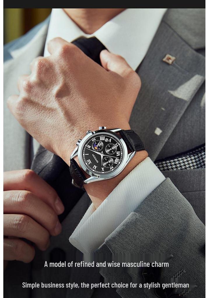 SANDA Men's Luminous Quartz Watch with Moon Phase, Calendar, and Leather Strap - Waterproof Business Casual Design.
