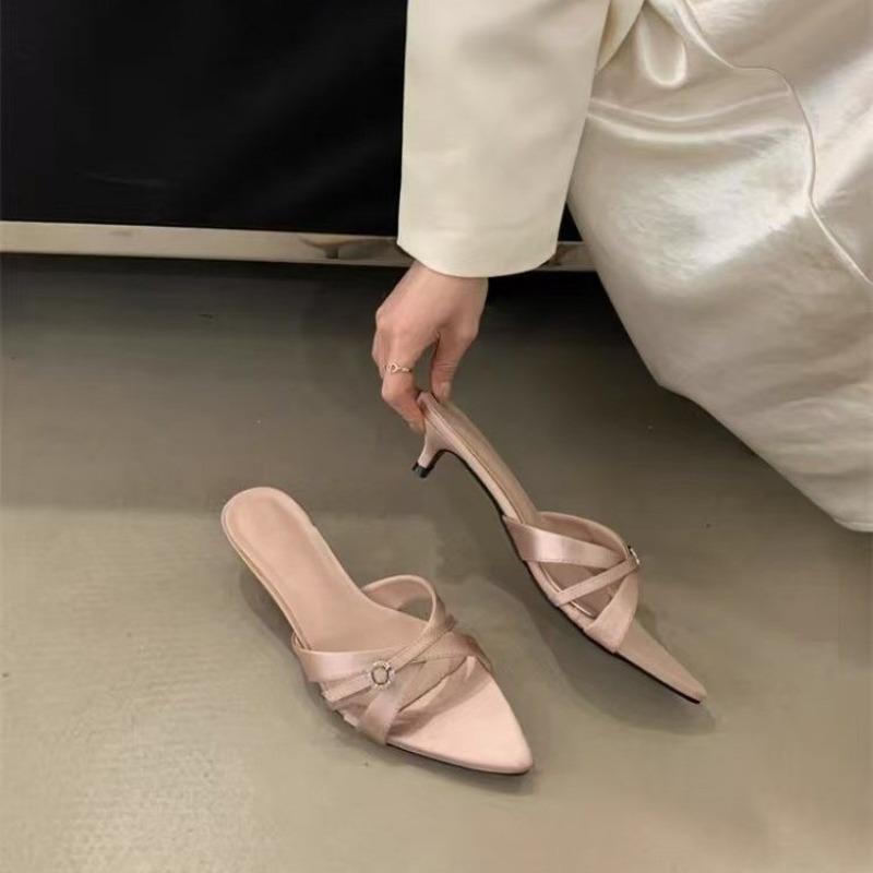 Summer new one-pedal outer wear cool slippers temperament thin heel with wide-leg pants royal sister high heels