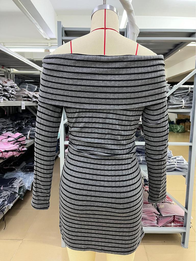 European and American Striped Slim-Fit Dress, Waist-Cinching Short Bodycon with Long Sleeves