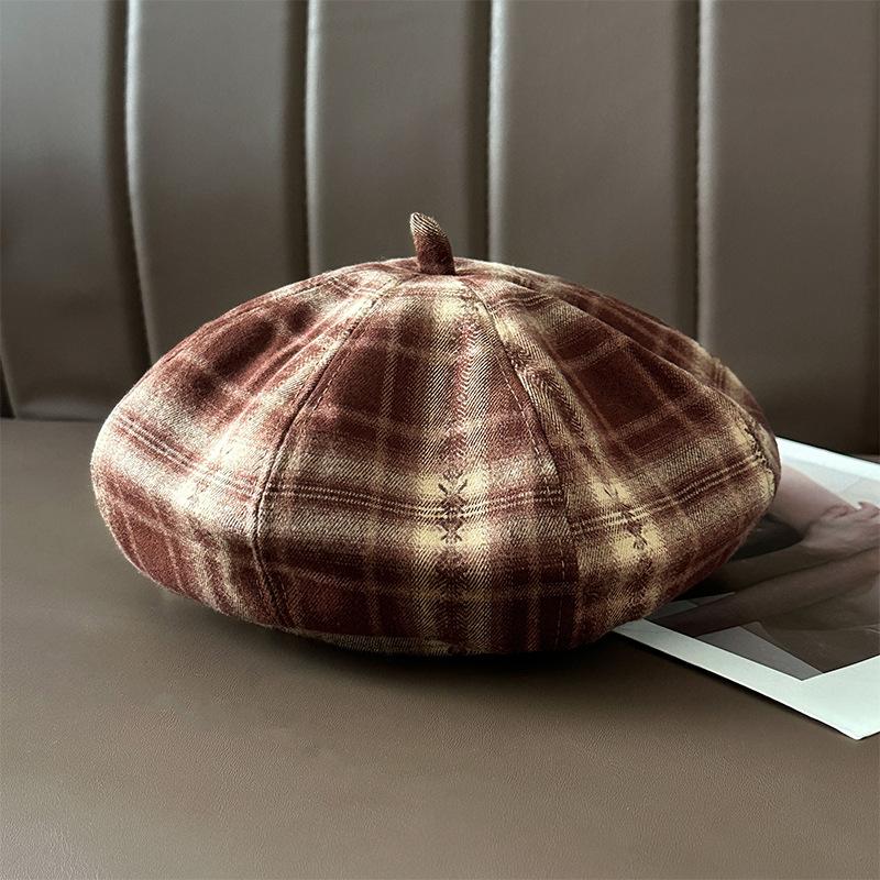 Plaid Beret Children'S Season Big Head Circumference Showing Face Small Pumpkin Hat Retro Literary Temperament Painter Hat