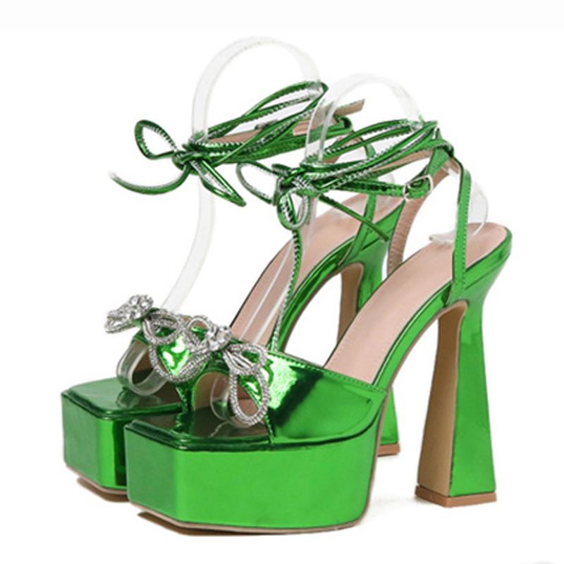 New Fashion Gold Green Cross Strap Women Platform Sandals Crystal Bowknot Summer Party Wedding High Heels Pole Dance Shoes