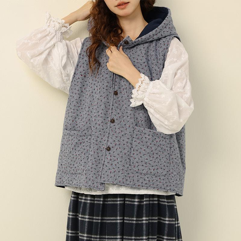 

2025 Winter Mori Girl Hooded Floral Cotton Vest - Loose, Layered, Age-Reducing Coat One Size