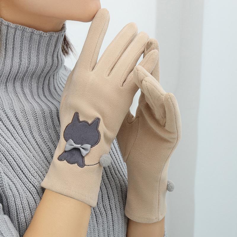 Women Touch Screen Outdoor Gloves Winter Fleece Riding Cat Embroidery Driving Elastic Gloves Warm One Size Fits All