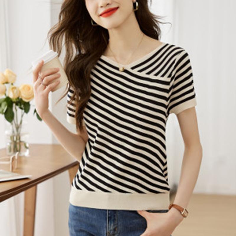 

Летняя мода Винтажная вязаная футболка с принтом в полоску Женская с коротким рукавом Свободная Повседневная Универсальная Футболка-пуловер Женские топы с V-образным вырезом XL чёрный