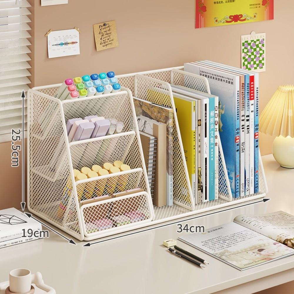 

Multipurpose Desktop Book Rack Standing Iron Mesh Holder Magazine Storage File Organizer Office White-3 Layers