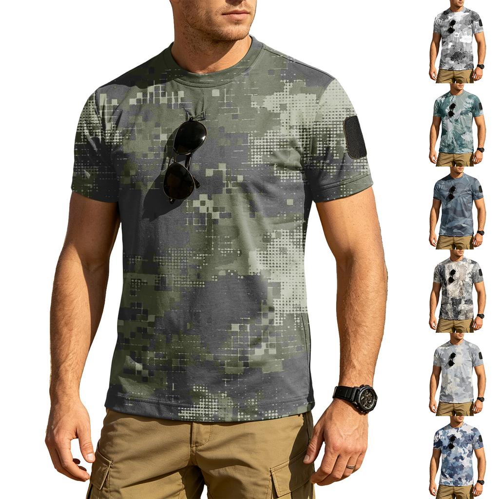 Men's Tactical Outdoor Quick Dry Short Sleeve T Shirt Loose Fit Breathable Crew Neck Camouflage Print with Hook and Loop Patch Area