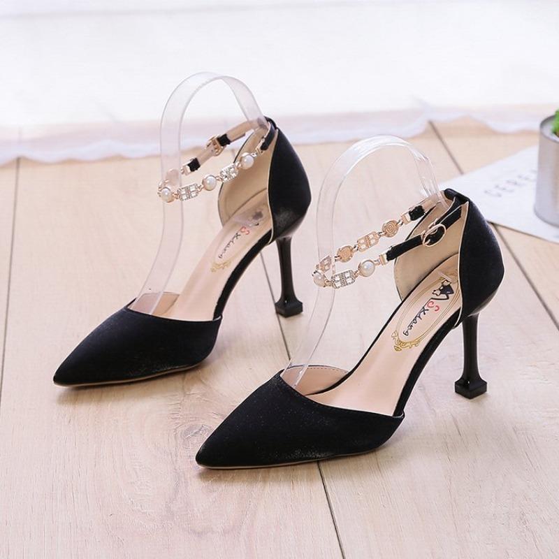 

Spring and summer new pointed single shoes one-word buckle strap stiletto high heels satin hollow women s shoes 34