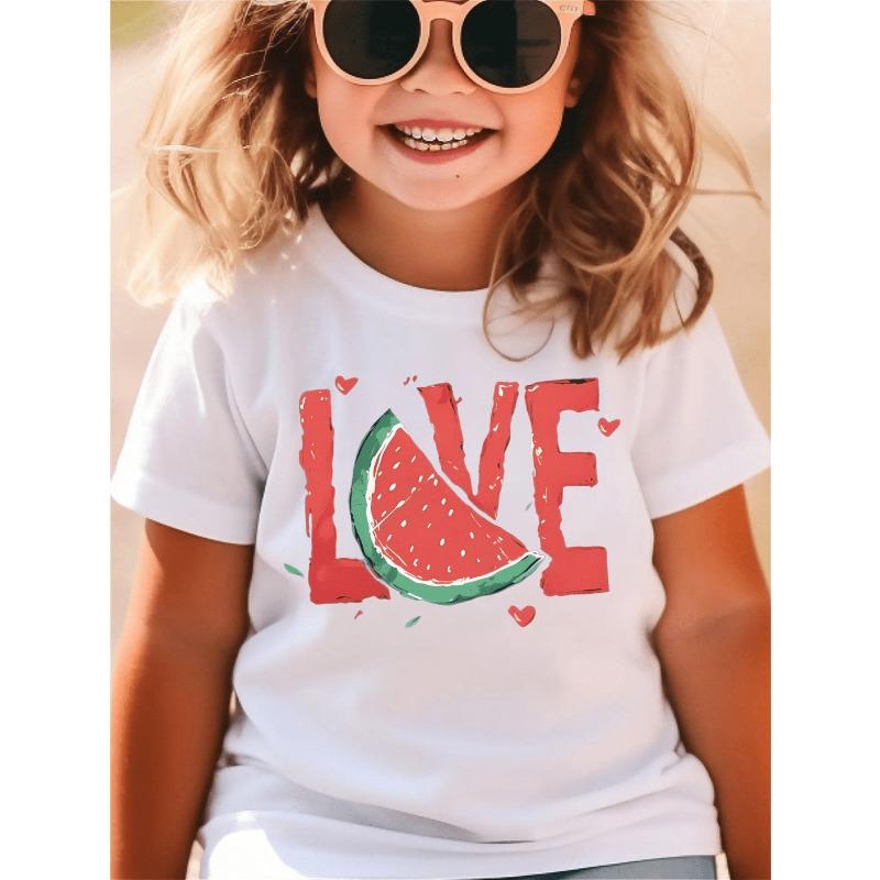 Kids Crew Neck Short Sleeve T-Shirt with Hand-drawn Watermelon and LOVE Letter Print 110 белый