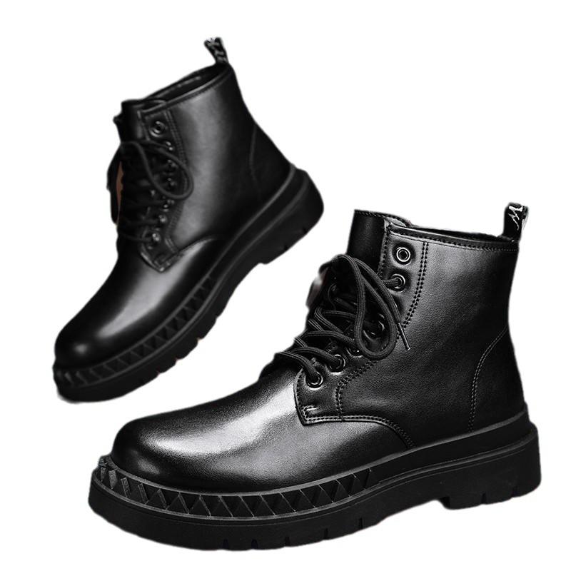 Short Boots High Top British Martin Boots Big Head Medium Top Leather Shoes Pure Black Locomotive