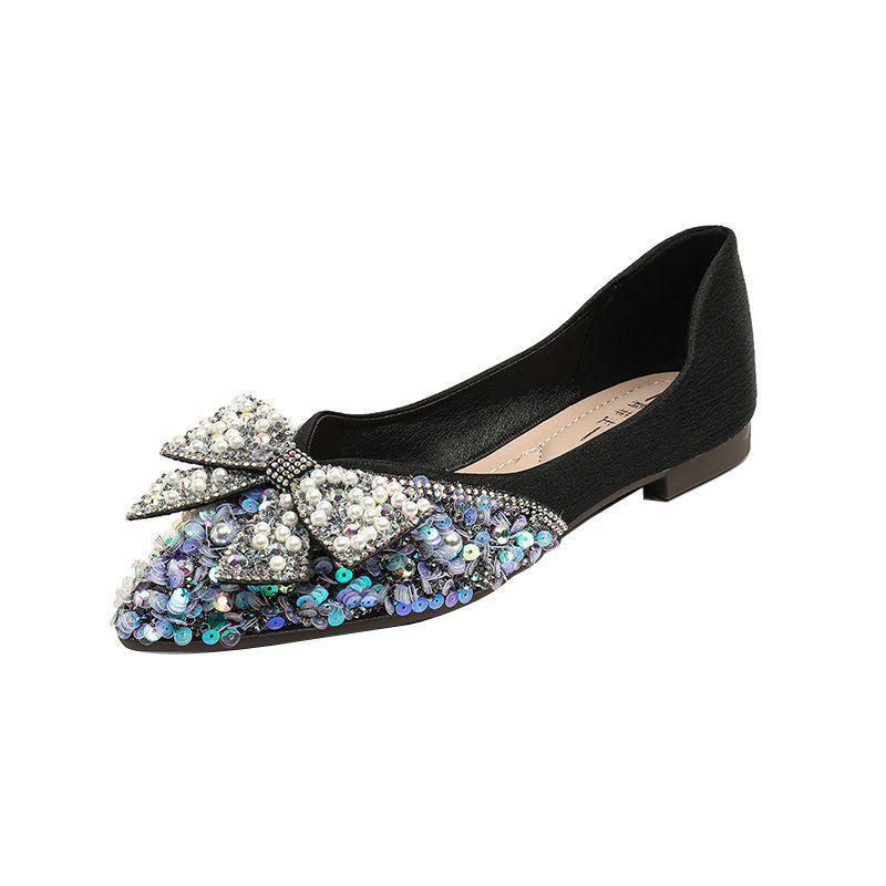 Dámské jarní ploché boty s kamínky se špičatou špičkou - Svatba, družička a elegantní společenské boty