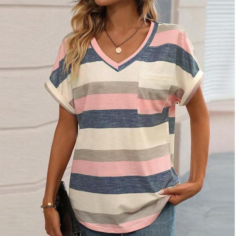 Women Cross Border Fashion T Shirt European American Striped V Neck Bat Sleeve New Spring Summer Collection