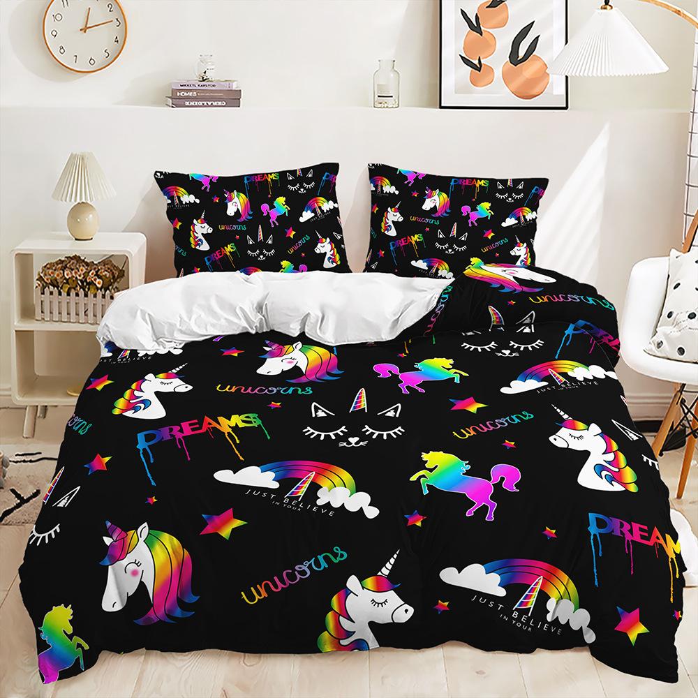 Cartoon Unicorn Bedding Set King Queen Size Rainbow Unicorns Duvet Cover Set with Pillowcase Polyester Bed Linen for Kids Girls