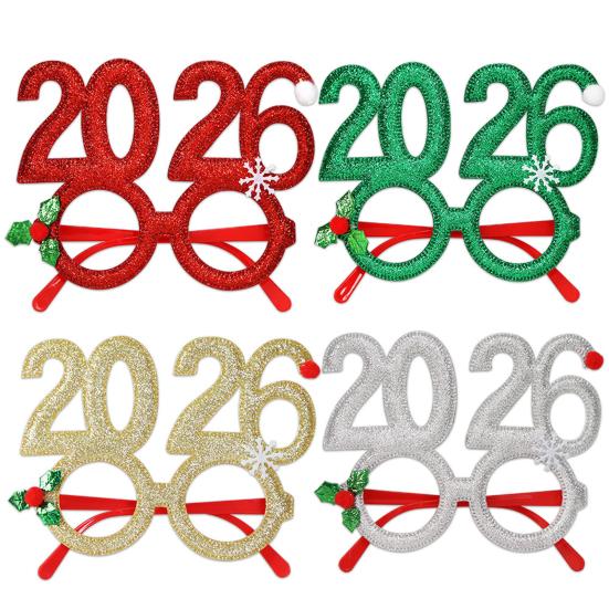2026 Nyttårsfest Briller Lett Rød Glitter Brilleinnfatning med Snøfnugg Kristtorn Dekorasjon Festlig Paljett Hårbøyle