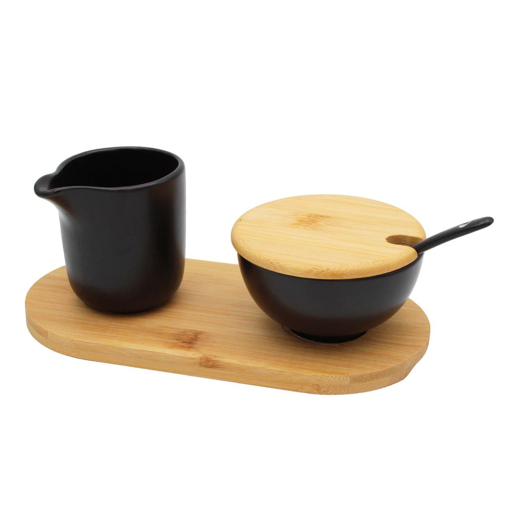 Zestaw ceramiczna cukierniczka i mlecznik na bambusowej podstawce BRUNBESTE BB-4503