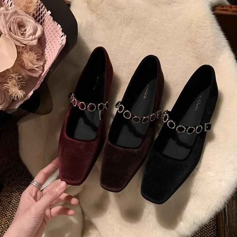 Fashion Flat Shoes for Women 2025 Spring and Autumn French Square Toe Shallow Mouth Diamond Low Heel Suede Mary Jane Shoe
